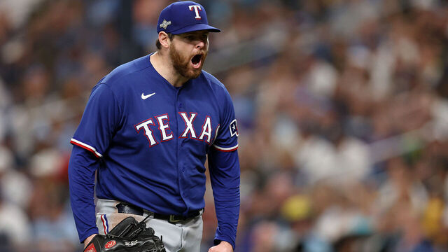 ST PETERSBURG, FLORIDA - OCTOBER 03: Jordan Montgomery #52 of the Texas Rangers reacts at the end of the seventh inning against the Tampa Bay Rays during Game One of the Wild Card Series at Tropicana Field on October 03, 2023 in St Petersburg, Florida.