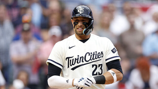 MINNEAPOLIS, MINNESOTA - OCTOBER 03: Royce Lewis #23 of the Minnesota Twins reacts after getting walked against the Toronto Blue Jays during the fifth inning in Game One of the Wild Card Series at Target Field on October 03, 2023 in Minneapolis, Minnesota.