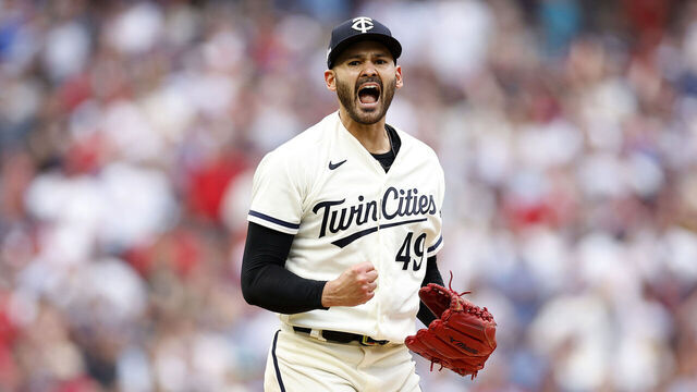 MINNEAPOLIS, MINNESOTA - OCTOBER 03: Pablo Lopez #49 of the Minnesota Twins celebrates after striking out Brandon Belt #13 of the Toronto Blue Jays during the fifth inning in Game One of the Wild Card Series at Target Field on October 03, 2023 in Minneapolis, Minnesota.