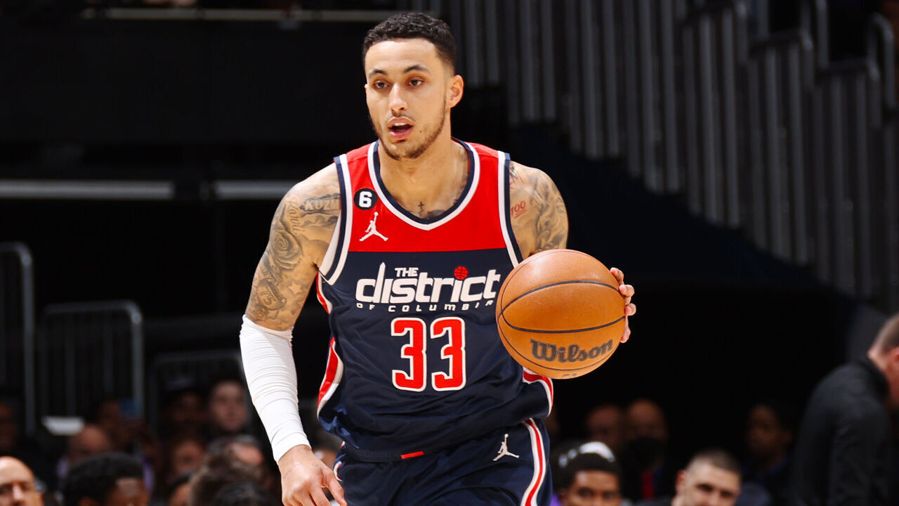 WASHINGTON, DC - MARCH 18: Kyle Kuzma #33 of the Washington Wizards drives to the basket during the game against the Sacramento Kings on March 18, 2023 at Capital One Arena in Washington, DC. Mandatory Copyright Notice: Copyright 2023 NBAE