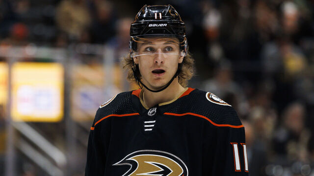 ANAHEIM, CA - APRIL 09: Anaheim Ducks center Trevor Zegras (11) during an NHL hockey game between the Colorado Avalanche and the Anaheim Ducks on April 9, 2023 at Honda Center in Anaheim, CA.