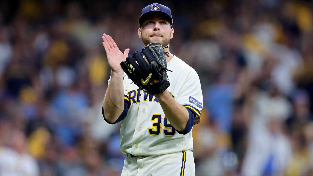 MILWAUKEE, WISCONSIN - OCTOBER 03: Corbin Burnes #39 of the Milwaukee Brewers reacts after recording a strikeout in the second inning against the Arizona Diamondbacks during Game One of the Wild Card Series at American Family Field on October 03, 2023 in Milwaukee, Wisconsin.