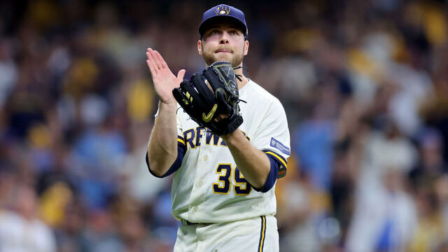 MILWAUKEE, WISCONSIN - OCTOBER 03: Corbin Burnes #39 of the Milwaukee Brewers reacts after recording a strikeout in the second inning against the Arizona Diamondbacks during Game One of the Wild Card Series at American Family Field on October 03, 2023 in Milwaukee, Wisconsin.