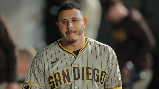 CHICAGO, IL - SEPTEMBER 29: San Diego Padres third baseman Manny Machado (13) looks on from the dugout during a Major League Baseball game between the San Diego Padres and the Chicago White Sox on September 29, 2023 at Guaranteed Rate Field in Chicago, IL.