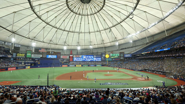 TAMPA, FL - OCTOBER 03: A general view of Tropicana Field during Game 1 of the Wild Card Series between the Texas Rangers and the Tampa Bay Rays at Tropicana Field on Tuesday, October 3, 2023 in Tampa, Florida.