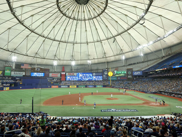 TAMPA, FL - OCTOBER 03: A general view of Tropicana Field during Game 1 of the Wild Card Series between the Texas Rangers and the Tampa Bay Rays at Tropicana Field on Tuesday, October 3, 2023 in Tampa, Florida.