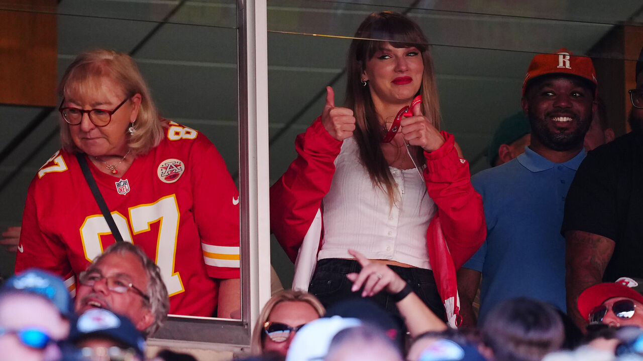 KANSAS CITY, MISSOURI - SEPTEMBER 24: Donna Kelce and Taylor Swift are seen during the first half of a game between the Chicago Bears and the Kansas City Chiefs at GEHA Field at Arrowhead Stadium on September 24, 2023 in Kansas City, Missouri.