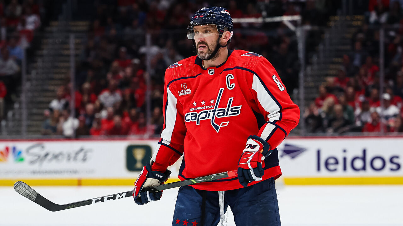 WASHINGTON, DC - APRIL 13: Alex Ovechkin #8 of the Washington Capitals looks on against the New Jersey Devils during the second period of the game at Capital One Arena on April 13, 2023 in Washington, DC.