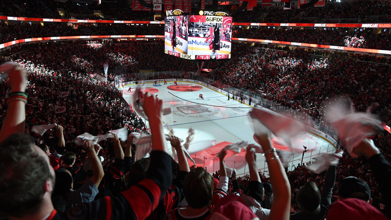 RALEIGH, NC - MAY 11: Fans cheer prior to game 5 of the second round of the Stanley Cup Playoffs between the New Jersey Devils and the Carolina Hurricanes on May 11, 2023 at PNC Arena in Raleigh, North Carolina.
