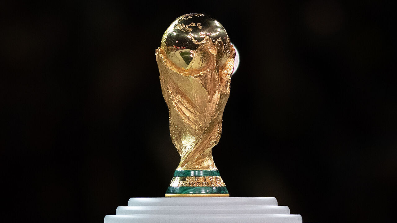 LUSAIL CITY, QATAR - DECEMBER 18: The FIFA World Cup Trophy sits on display during the awards ceremony following the FIFA World Cup Qatar 2022 Final match between Argentina and France at Lusail Stadium on December 18, 2022 in Lusail City, Qatar.