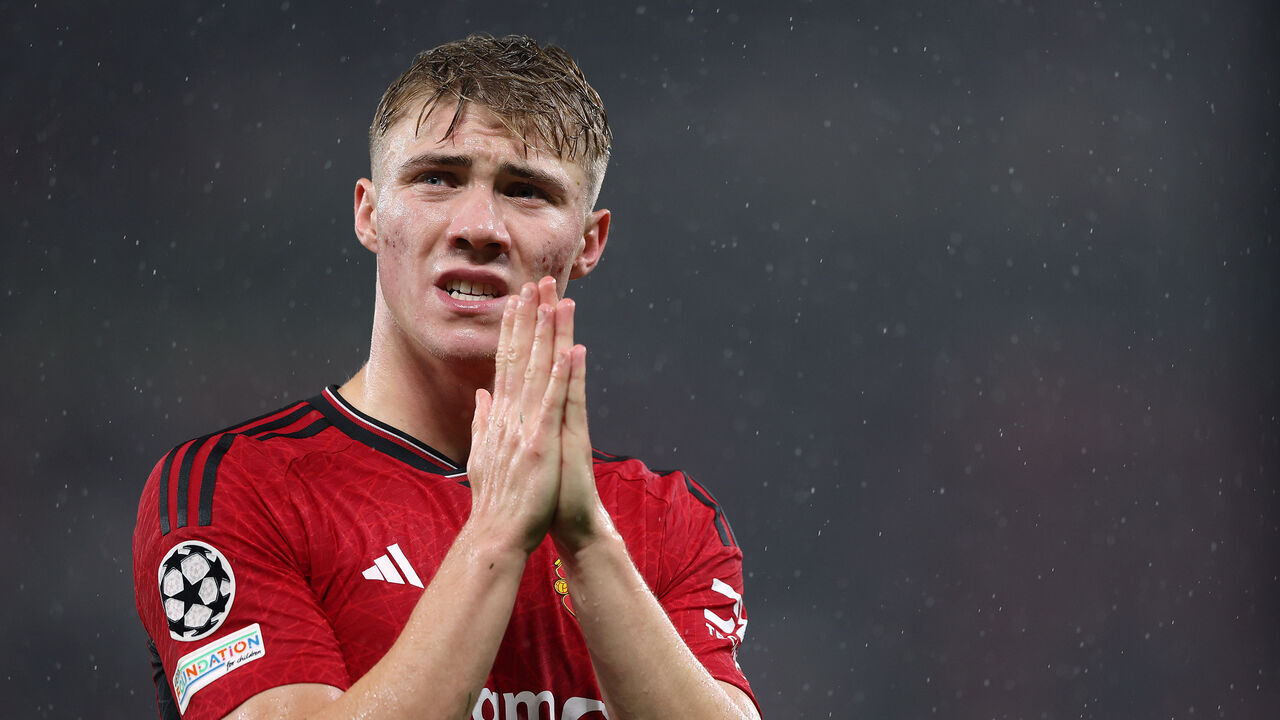 MANCHESTER, ENGLAND - OCTOBER 3: Manchester United's Rasmus Hojlund reacts at the full-time whistle following the UEFA Champions League Group A match between Manchester United and Galatasaray at Old Trafford on October 3, 2023 in Manchester, England.