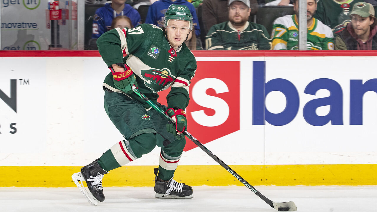 ST PAUL, MN - APRIL 28: Kirill Kaprizov #97 of the Minnesota Wild skates against the Dallas Stars in the first period of Game Six of the First Round of the 2023 Stanley Cup Playoffs at Xcel Energy Center on April 28, 2023 in St Paul, Minnesota.