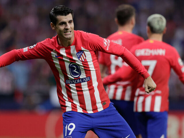 MADRID, SPAIN - OCTOBER 4: Alvaro Morata of Atletico Madrid celebrates 3-2 during the UEFA Champions League match between Atletico Madrid v Feyenoord at the Civitas Metropolitano Stadium on October 4, 2023 in Madrid Spain