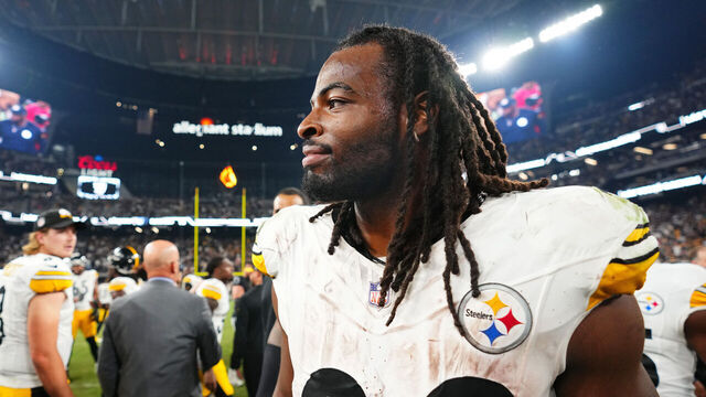 LAS VEGAS, NEVADA - SEPTEMBER 24: Najee Harris #22 of the Pittsburgh Steelers walks on the field after a win over the Las Vegas Raiders at Allegiant Stadium on September 24, 2023 in Las Vegas, Nevada.