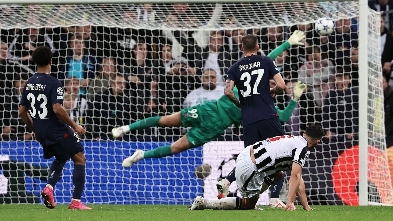 Newcastle United's Swiss defender #05 Fabian Schar watches his goal pass Paris Saint-Germain's Italian goalkeeper #99 Gianluigi Donnarumma during the UEFA Champions League Group F football match between Newcastle United and Paris Saint-Germain at St James' Park in Newcastle-upon-Tyne, north east England on October 4, 2023.