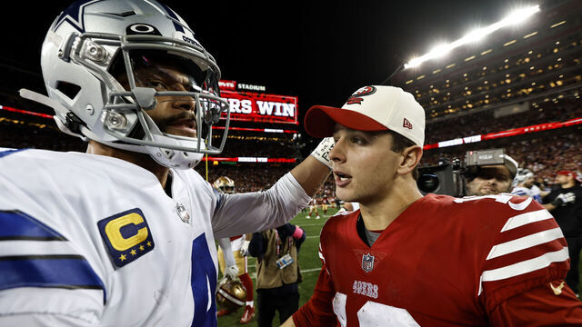 SANTA CLARA, CALIFORNIA - JANUARY 22: Brock Purdy #13 of the San Francisco 49ers meets with Dak Prescott #4 of the Dallas Cowboys following an NFL divisional round playoff football game between the San Francisco 49ers and the Dallas Cowboys at Levi's Stadium on January 22, 2023 in Santa Clara, California.