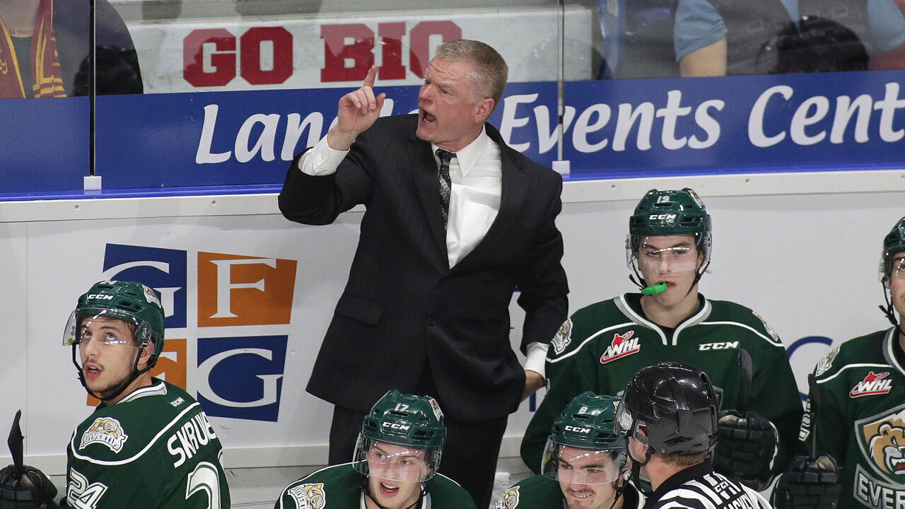 LANGLEY, BC - DECEMBER 27: Head coach Kevin Constantine of the Everett Silvertips reacts after being ejected from the game against the Vancouver Giants during the second period of their WHL game at the Langley Events Centre on December 27, 2016 in Langley, British Columbia, Canada.