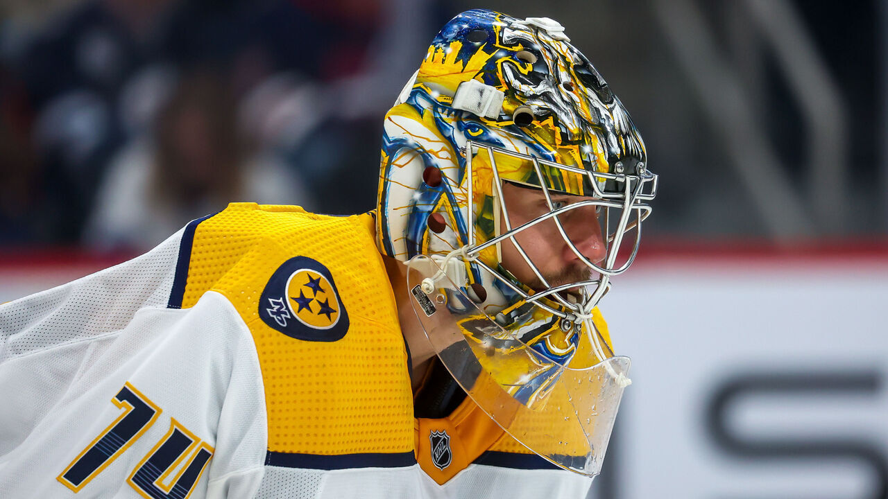 WINNIPEG, CANADA - APRIL 08: Goaltender Juuse Saros #74 of the Nashville Predators keeps an eye on the play during second period action against the Winnipeg Jets at Canada Life Centre on April 08, 2023 in Winnipeg, Manitoba, Canada.