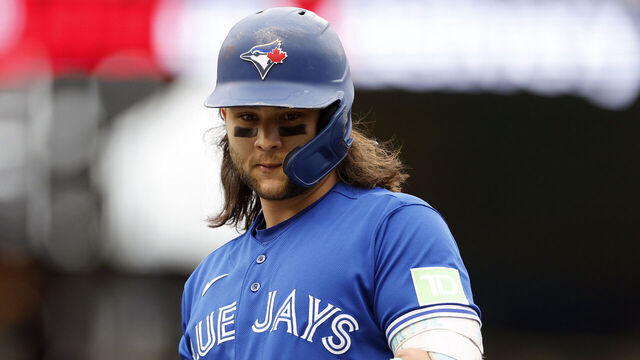 MINNEAPOLIS, MINNESOTA - OCTOBER 04: Bo Bichette #11 of the Toronto Blue Jays looks on after a base hit against Sonny Gray #54 of the Minnesota Twins during the first inning in Game Two of the Wild Card Series at Target Field on October 04, 2023 in Minneapolis, Minnesota.
