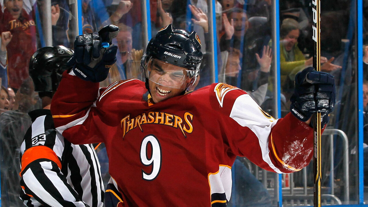 ATLANTA, GA - FEBRUARY 11: Evander Kane #9 of the Atlanta Thrashers reacts after scoring the go-ahead goal in the third period against the New York Rangers at Philips Arena on February 11, 2011 in Atlanta, Georgia.