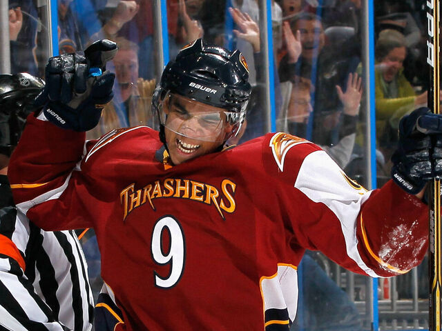 ATLANTA, GA - FEBRUARY 11: Evander Kane #9 of the Atlanta Thrashers reacts after scoring the go-ahead goal in the third period against the New York Rangers at Philips Arena on February 11, 2011 in Atlanta, Georgia.