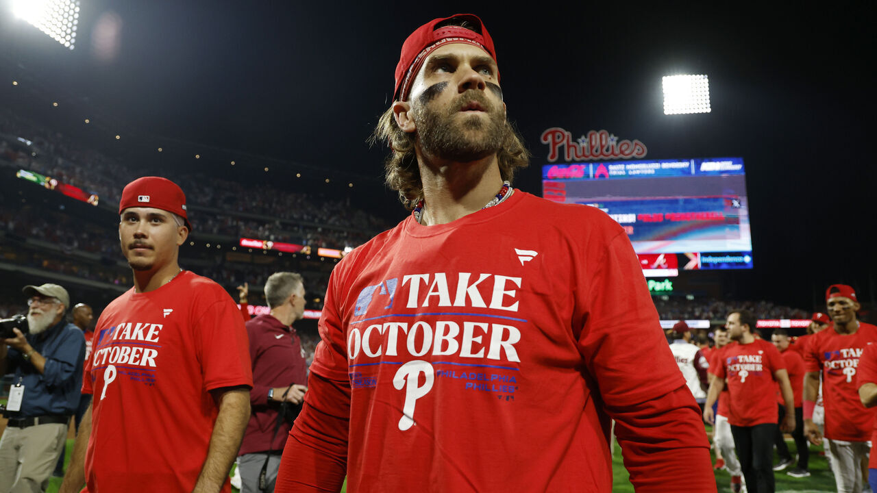 PHILADELPHIA, PENNSYLVANIA - OCTOBER 04: Bryce Harper #3 of the Philadelphia Phillies reacts after defeating the Miami Marlins 7-1 in Game Two of the Wild Card Series at Citizens Bank Park on October 04, 2023 in Philadelphia, Pennsylvania.