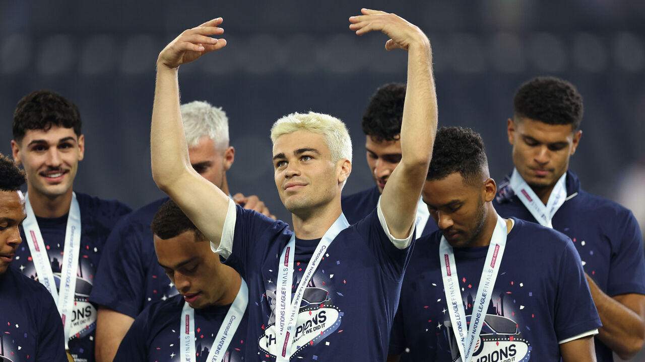 LAS VEGAS, NEVADA - JUNE 18: Giovanni Reyna of USA celebrates with his CONCACAF Nations League medal during the CONCACAF Nations League Final between Canada v United States at Allegiant Stadium on June 18, 2023 in Las Vegas, Nevada.