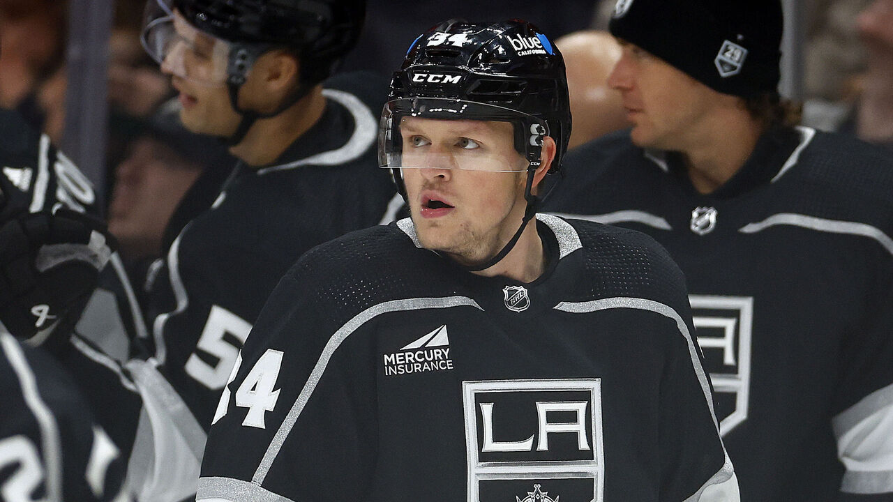 LOS ANGELES, CALIFORNIA - OCTOBER 03: Arthur Kaliyev #34 of the Los Angeles Kings during a preseason game at Crypto.com Arena on October 03, 2023 in Los Angeles, California.