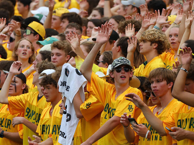 WACO, TEXAS - SEPTEMBER 16: Baylor Bears fans cheer during the game against the Long Island Sharks at McLane Stadium on September 16, 2023 in Waco, Texas.