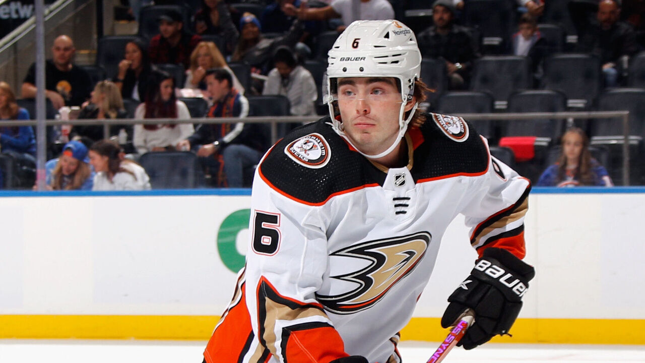 ELMONT, NEW YORK - OCTOBER 15: Jamie Drysdale #6 of the Anaheim Ducks skates against the New York Islanders at the UBS Arena on October 15, 2022 in Elmont, New York.