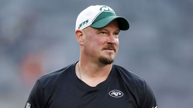 EAST RUTHERFORD, NEW JERSEY - AUGUST 19: Offensive coordinator Nathaniel Hackett of the New York Jets looks on during warmups during the first half of a preseason game against the Tampa Bay Buccaneers at MetLife Stadium on August 19, 2023 in East Rutherford, New Jersey.