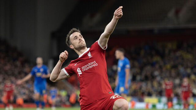 LIVERPOOL, ENGLAND - OCTOBER 5: Diogo Jota of Liverpool celebrates scoring his goal during the UEFA Europa League group E match between Liverpool FC and R. Union Saint-Gilloise at Anfield on October 5, 2023 in Liverpool, England.