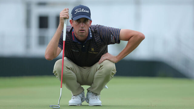 JACKSON, MISSISSIPPI - OCTOBER 05: Chesson Hadley of the United States lines up a putt on the ninth green during the first round of the Sanderson Farms Championship at The Country Club of Jackson on October 05, 2023 in Jackson, Mississippi.