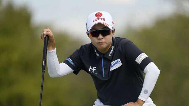 THE COLONY, TEXAS - OCTOBER 05: Hyo Joo Kim of South Korea prepares to putt on the ninth green during the first round of The Ascendant LPGA benefiting Volunteers of America at Old American Golf Club on October 05, 2023 in The Colony, Texas.