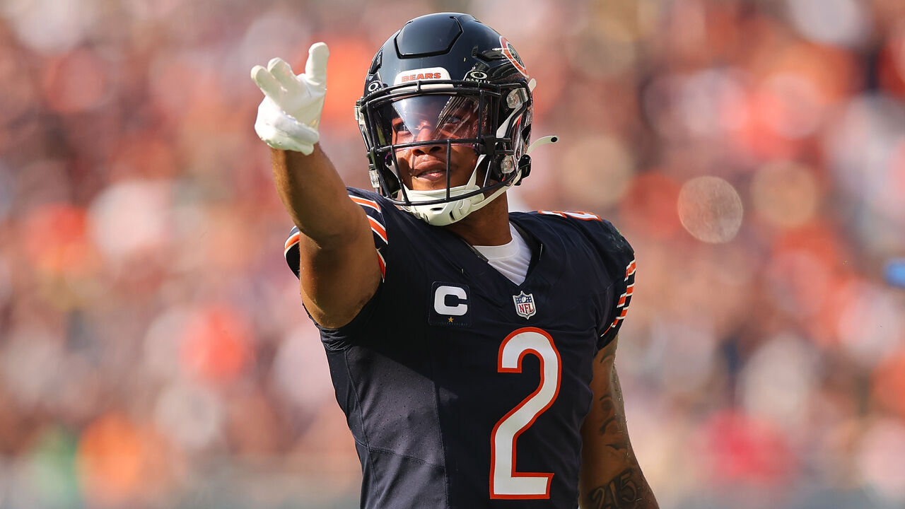 CHICAGO, ILLINOIS - SEPTEMBER 10: DJ Moore #2 of the Chicago Bears celebrates a first down run against the Green Bay Packers during the first half at Soldier Field on September 10, 2023 in Chicago, Illinois.