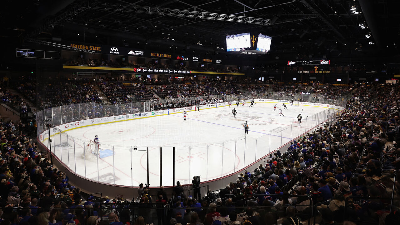 TEMPE, ARIZONA - OCTOBER 30: General view of action between the Arizona Coyotes and the New York Rangers during the second period of the NHL game at Mullett Arena on October 30, 2022 in Tempe, Arizona.