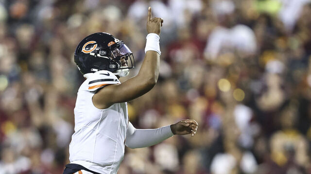 LANDOVER, MARYLAND - OCTOBER 05: Justin Fields #1 of the Chicago Bears celebrates after passing for a touchdown during an NFL football game between the Washington Commanders and the Chicago Bears at FedExField on October 05, 2023 in Landover, Maryland.