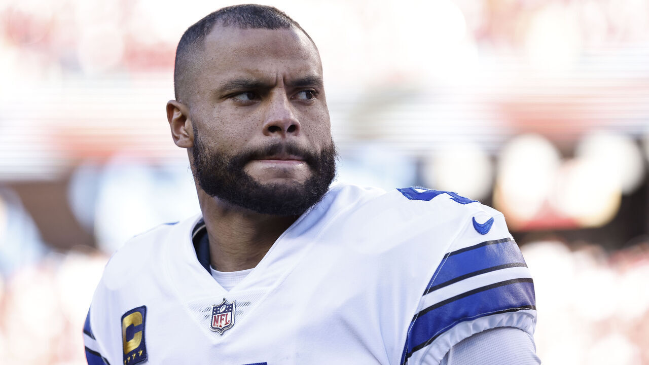 SANTA CLARA, CALIFORNIA - JANUARY 22: Dak Prescott #4 of the Dallas Cowboys looks on during the national anthem prior to an NFL divisional round playoff football game between the San Francisco 49ers and the Dallas Cowboys at Levi's Stadium on January 22, 2023 in Santa Clara, California.