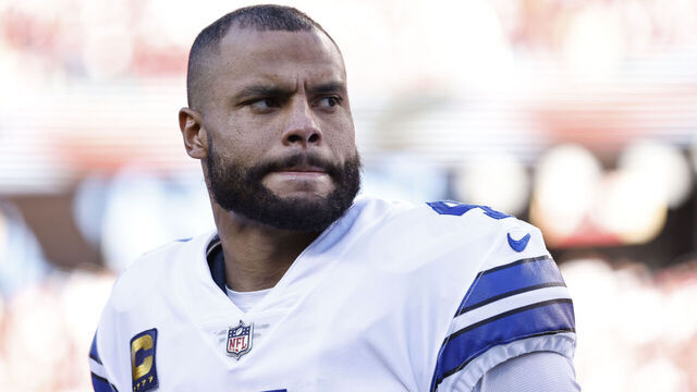 SANTA CLARA, CALIFORNIA - JANUARY 22: Dak Prescott #4 of the Dallas Cowboys looks on during the national anthem prior to an NFL divisional round playoff football game between the San Francisco 49ers and the Dallas Cowboys at Levi's Stadium on January 22, 2023 in Santa Clara, California.