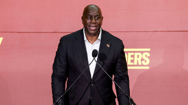 LANDOVER, MARYLAND - JULY 21: Earvin 'Magic' Johnson, a new owner of the Washington Commanders, delivers remarks during a press conference introducing the team's new ownership at FedExField on July 21, 2023 in Landover, Maryland. NFL teams owners have unanimously approved a $6.05 billion sale of the Commanders from Dan Snyder to a group led by Josh Harris.
