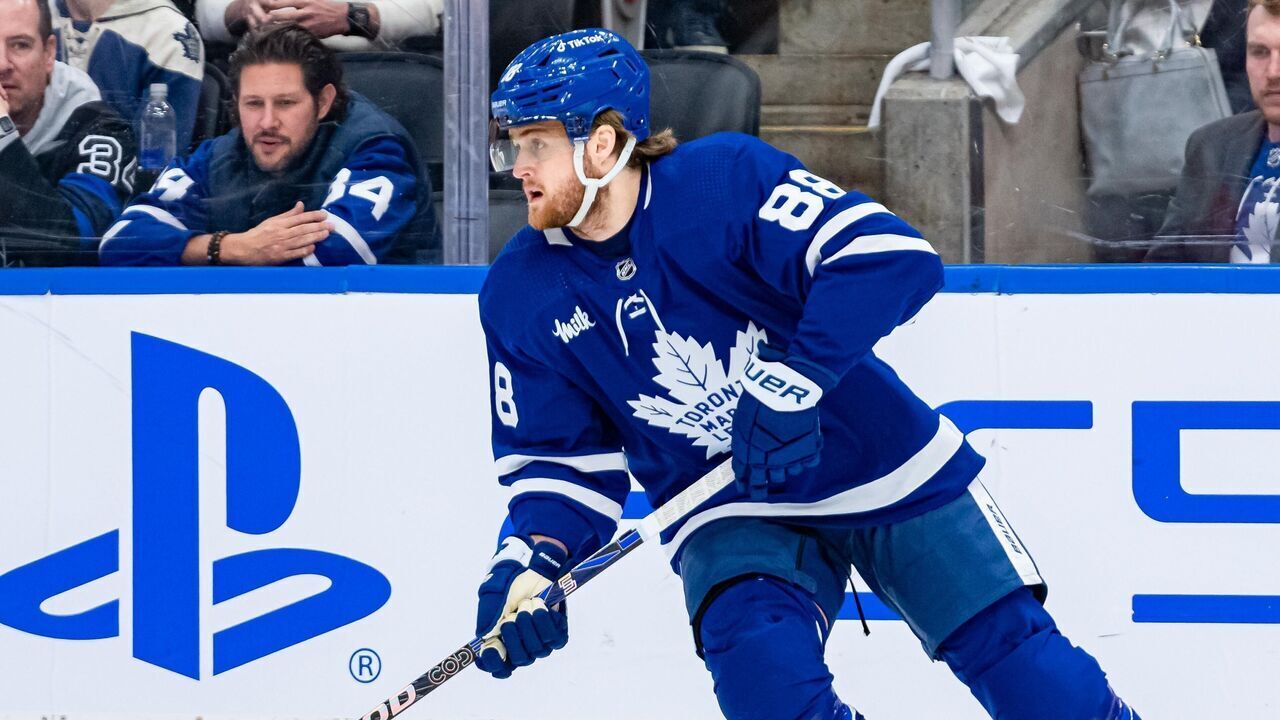 TORONTO, ON - MAY 04: Toronto Maple Leafs Winger William Nylander (88) skates with the puck during the Round 2 NHL Stanley Cup Playoffs Game 2 between the Florida Panthers and the Toronto Maple Leafs on May 4, 2023, at Scotiabank Arena in Toronto, ON, Canada.