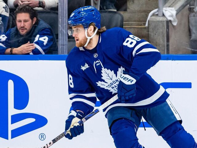 TORONTO, ON - MAY 04: Toronto Maple Leafs Winger William Nylander (88) skates with the puck during the Round 2 NHL Stanley Cup Playoffs Game 2 between the Florida Panthers and the Toronto Maple Leafs on May 4, 2023, at Scotiabank Arena in Toronto, ON, Canada.