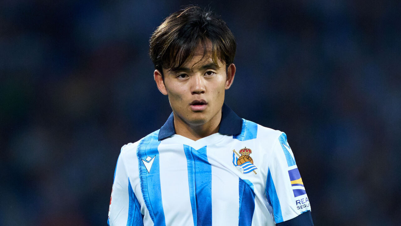 SAN SEBASTIAN, SPAIN - SEPTEMBER 30: Takefusa Kubo of Real Sociedad looks on during the LaLiga EA Sports match between Real Sociedad and Athletic Bilbao at Reale Arena on September 30, 2023 in San Sebastian, Spain.