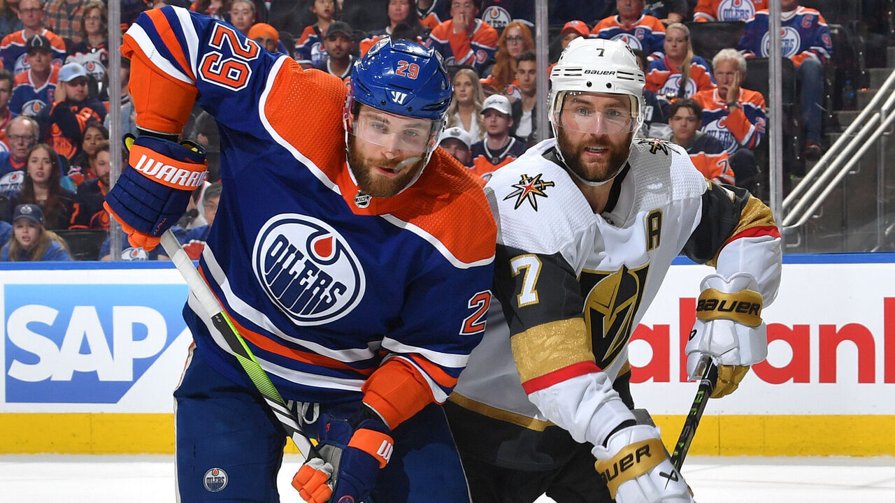EDMONTON, CANADA - MAY 14 Leon Draisaitl #29 of the Edmonton Oilers skates against Alex Pietrangelo #7 of the Vegas Golden Knights in Game Six of the Second Round of the 2023 Stanley Cup Playoffs at Rogers Place on May 14, 2023, in Edmonton, Alberta, Canada.