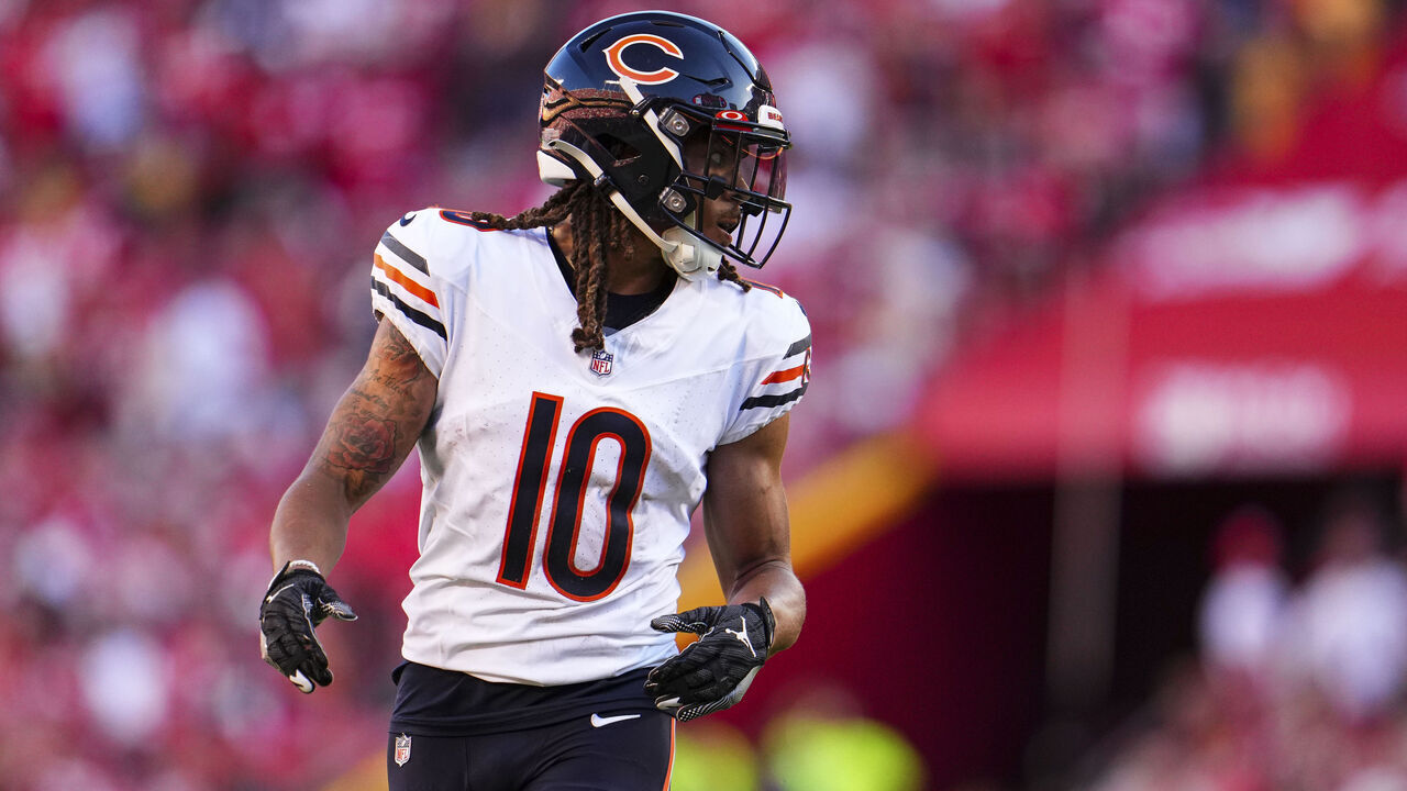 KANSAS CITY, MO - SEPTEMBER 24: Chase Claypool #10 of the Chicago Bears walks across the field during at GEHA Field at Arrowhead Stadium on September 24, 2023 in Kansas City, Missouri.