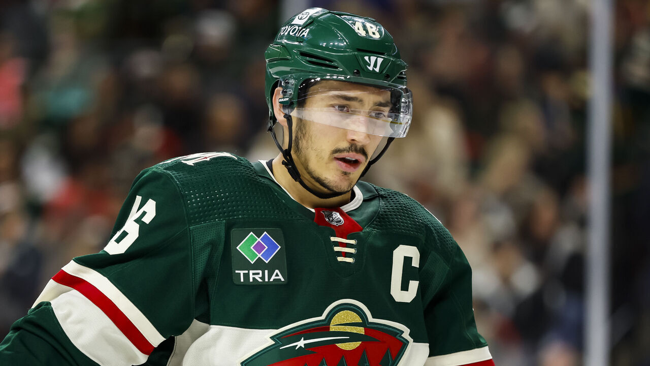 ST PAUL, MN - APRIL 28: Jared Spurgeon #46 of the Minnesota Wild looks on against the Dallas Stars in the second period in Game Six of the First Round of the 2023 Stanley Cup Playoffs at Xcel Energy Center on April 28, 2023 in St Paul, Minnesota. The Stars defeated the Wild 4-1 to advance to the Second Round.