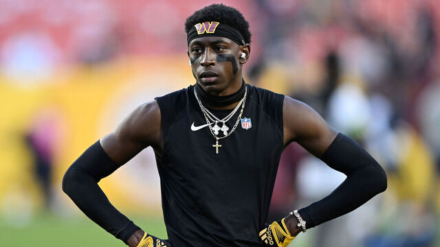 LANDOVER, MARYLAND - OCTOBER 05: Emmanuel Forbes #13 of the Washington Commanders warms up before the game against the Chicago Bears at FedExField on October 05, 2023 in Landover, Maryland.
