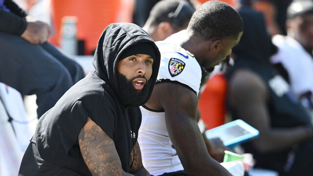 CLEVELAND, OHIO - OCTOBER 01: Odell Beckham Jr. #3 of the Baltimore Ravens looks on from the sidelines during the first half against the Baltimore Ravens at Cleveland Browns Stadium on October 01, 2023 in Cleveland, Ohio.