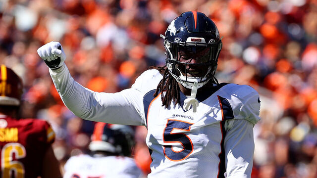 DENVER, COLORADO - SEPTEMBER 17: Randy Gregory #5 of the Denver Broncos reacts to a play against the Washington Commanders at Empower Field At Mile High on September 17, 2023 in Denver, Colorado.
