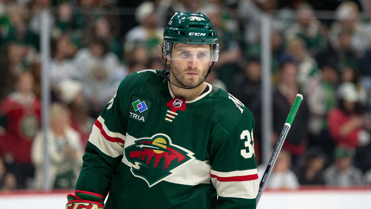 SAINT PAUL, MN - APRIL 21: Minnesota Wild right wing Ryan Hartman (38) looks on during the NHL game between the Minnesota Wild and the Dallas Stars, on April 21st, 2023, at the Xcel Energy Center in Saint Paul, MN.